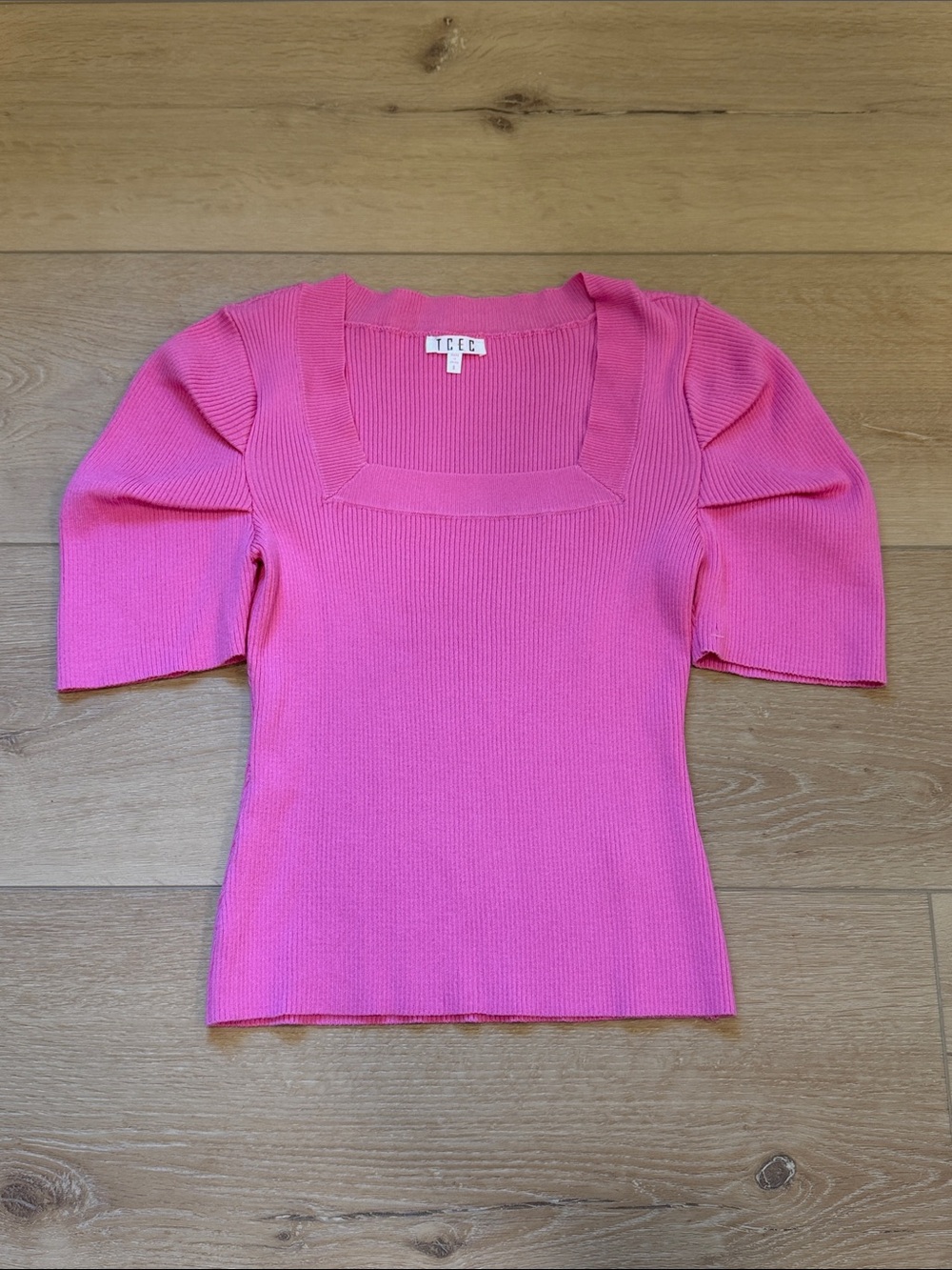 TCEC Hot Pink Square Neck Puff Sleeve Knit Top NWOT